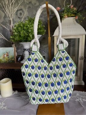 Beaded Floral Bucket Bag Purse- White with Blue & Green Accents
